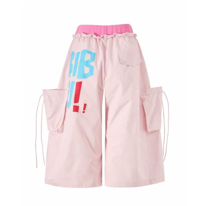 Pbb American-Style Casual Dolphin Print Multi-Pocket Cropped Pants for Women, Loose Fit with Drawstring, Pleated Straight Wide-Leg Mid-Length Pants