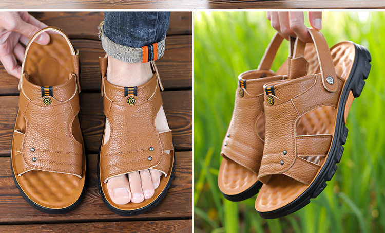 Dép sandal nam da thật hở ngón, quai ngang co giãn, chống trượt thoáng khí, kiểu lê đa năng — Vàng nâu, màu đen chi tiết 13