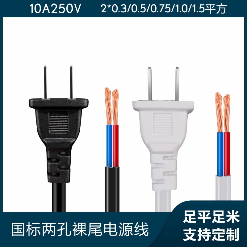 Pure Copper Two-Core Power Cord 2*0.5/0.75/1/1.5 Square Two-Pin Plug Cord Electrical Connection Cord with Plug