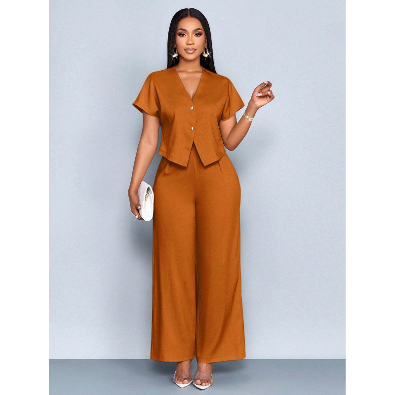 European and American Cross-Border 2026 Summer Fashion Women's Short-Sleeve Cardigan and Straight-Leg Wide-Leg Pants Plus-Size Casual Two-Piece Set European and American Cross-Border 2026 Summer Fashion Women's Short-Sleeve Cardigan and Straight-Leg Wide-Leg Pants Plus-Size Casual Two-Piece Set