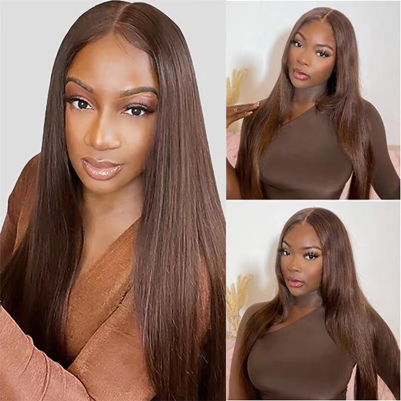 Cross-Border Dark Brown Lace Front Wig, Middle Parted Long Straight Hair, Chemical Fiber Full Headgear, Manufacturer Wholesale