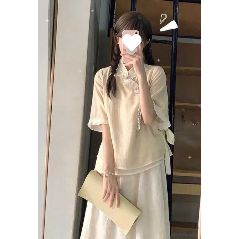 新しい中国風のトップスとスカートのツーピーススーツ夏改良された漢服漢要素の優しいドレス|undefined
