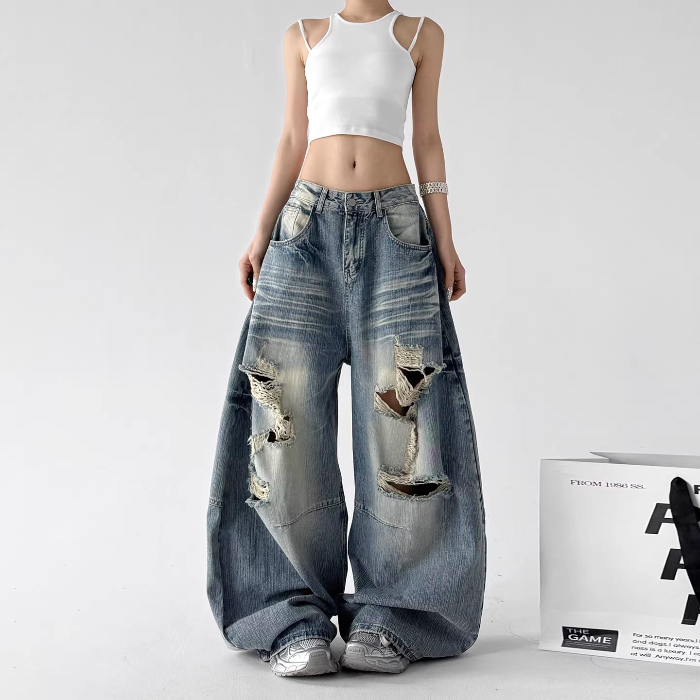 Women's Dark Blue Ripped Wide Leg Jeans Slimming Street Style Floor Length Pants Summer New Design_mkmklike.com