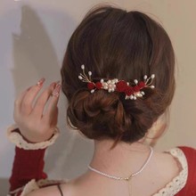气质红色山茶花发夹女后脑勺古风发卡古典侧边夹旗袍新娘敬酒头饰