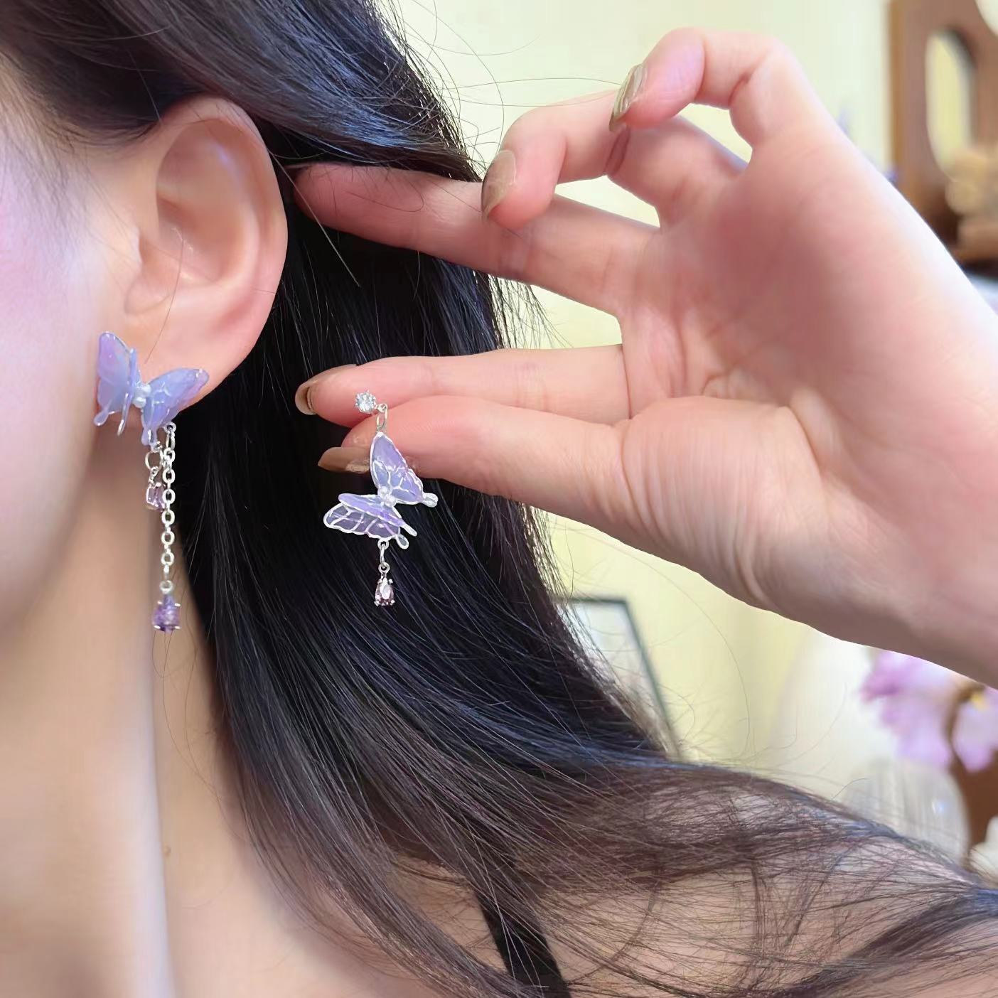 甜美漸變蝴蝶耳環女小清新氣質精緻仙氣流蘇銀針耳釘耳飾潮批發