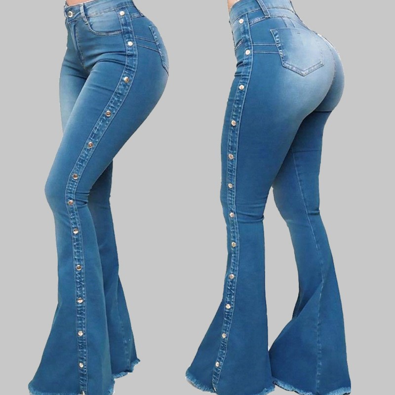 Femmes Du Quotidien Rue Vêtement De Rue Couleur Unie Toute La Longueur Bouton Pantalon Évasé Jeans display picture 3