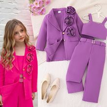 欧美女童套装批发秋新款 纯色花朵长袖外套吊带打底长裤三件套