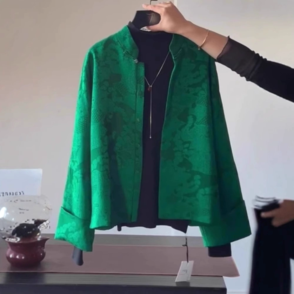 Новый китайский стиль зеленый воротник с вертикальным вырезом Song Jin куртка женский 2025 новый весенний премиум супер красивый топ