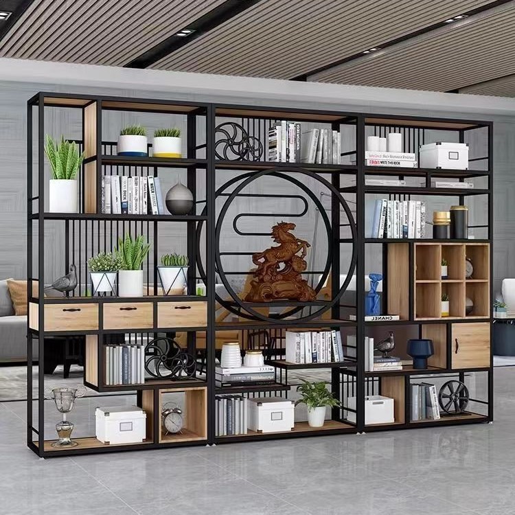 New Chinese-Style Wrought Iron Solid Wood Partition Shelf Chinese-Style Bookshelf Industrial Style Living Room Tea Room Office Display Shelf