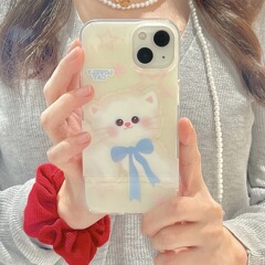 雙層印花蝴蝶結貓咪適用iphone15Pro卡通max蘋果14手機殼12女13卡