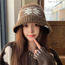 秋冬甜美可爱帽子女款显脸小针织提花水桶帽加厚大头围保暖毛线帽