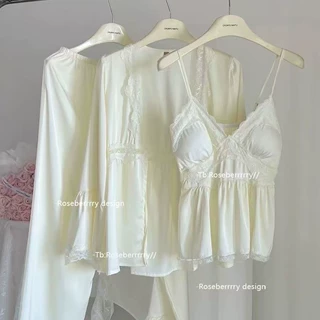 夏季新款吊带长裤睡衣法式性感三件套家居服冰丝家居服
