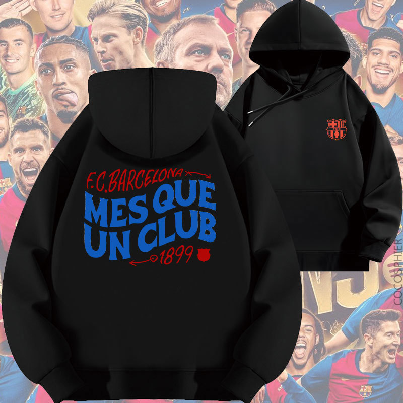 Barça Creative Letter Print Hooded Sweatshirt Trendy Brand Football Cross-Border Loose Autumn Fleece Thickened Clothing