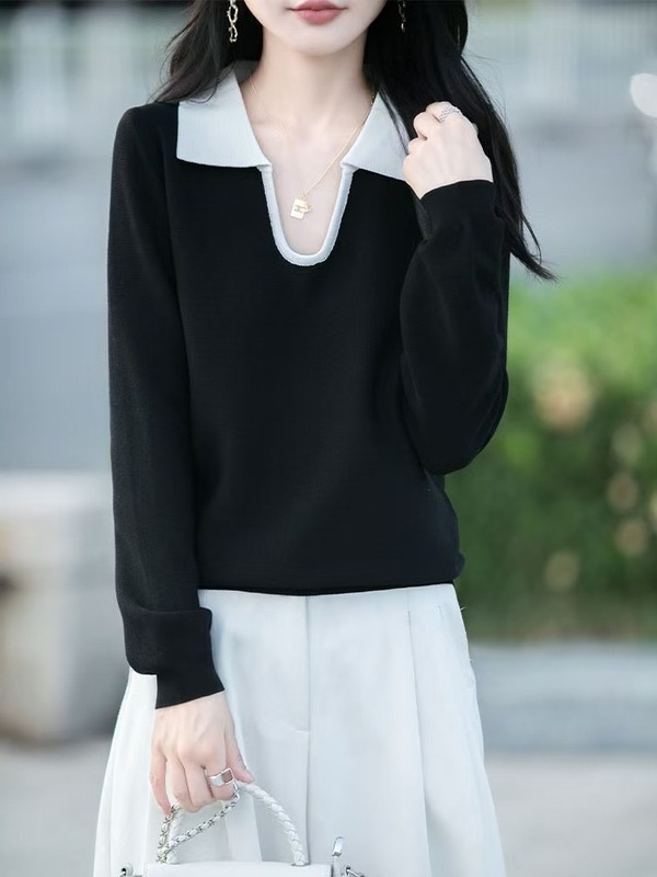 2025新款polo领女长袖针织薄款t恤早秋新款上衣外穿翻领毛衣小衫|undefined