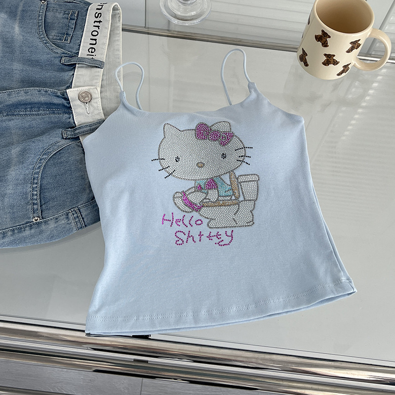辣妹猫咪烫钻小众美背吊带背心女夏季带胸垫内搭外穿无袖打底上衣|undefined