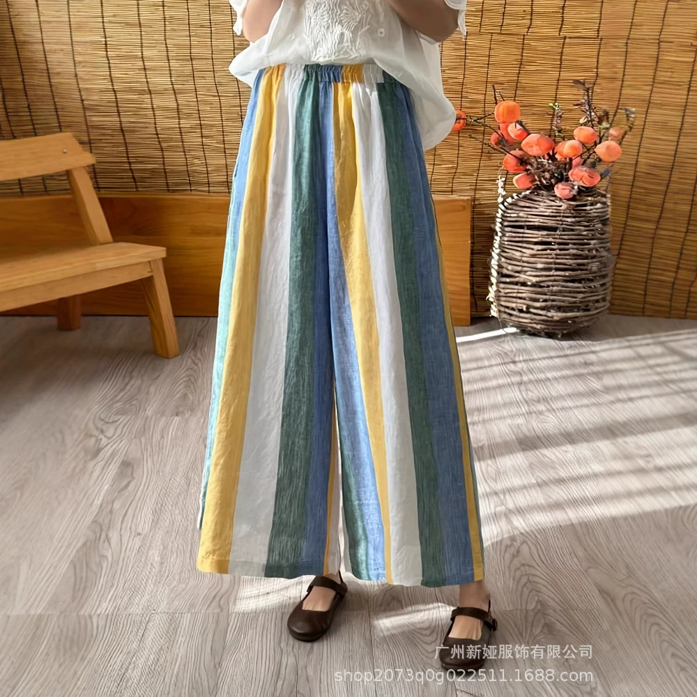 2024 цветные полосатые колотые широкие брюки большой размер конопли женская одежда