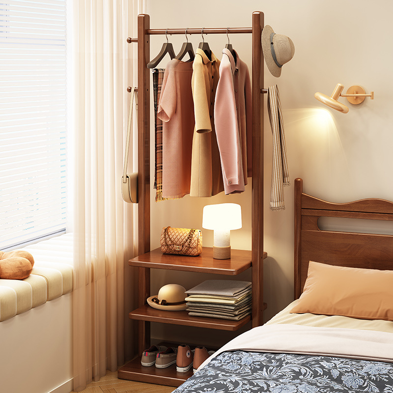 Solid Wood Coat Rack Floor-Standing Clothes Rack Home Bedroom Corner Bedside Storage Rack Small Apartment Clothes Storage Rack