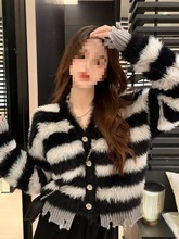 慵懒风软糯仿水貂绒假两件条纹毛衣开衫女早秋加厚领短款针织衫