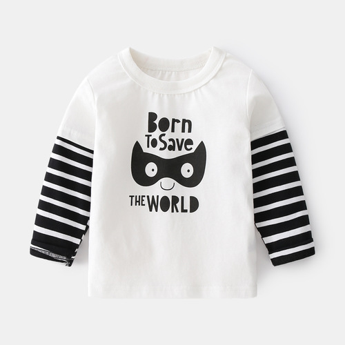 Spring new children's striped splicing long-sleeved T-shirts and four crew-neck shirts with cute bat mask prints