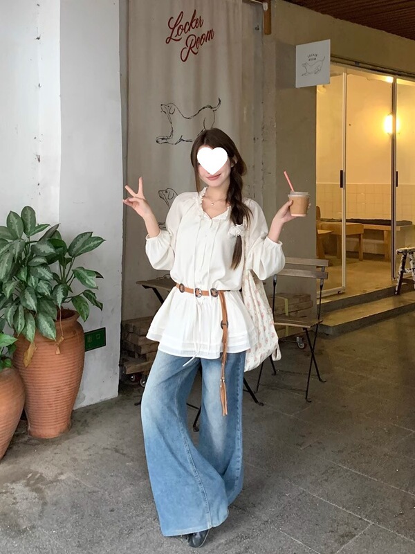 木耳边v领抽绳长袖防晒衬衫女夏日出游穿搭法式气质收腰绝美上衣|undefined