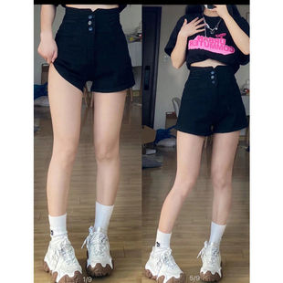 Black High-Waisted Denim Shorts for Women, Summer Thin Plus-Size, Slimming, Tummy-Concealing, Petite A-Line Wide-Leg Hot Pants