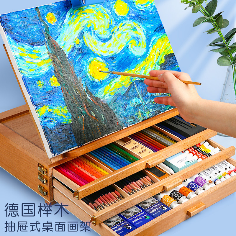 Portable Oil Painting Box Beech Wood Desktop Three-Layer Drawer Easel Mini Foldable Desktop Easel for Art Students