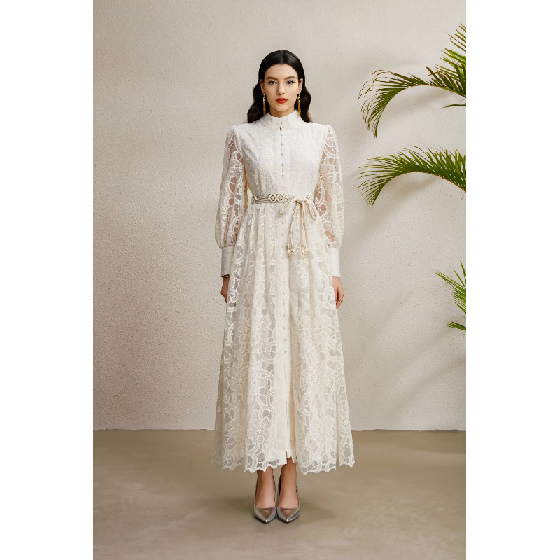 Karolina-2025 Early Autumn Stand Collar Double Placket Wide Hem Tassel Embroidered Lace Long Dress Karolina-2025 Early Autumn Stand Collar Double Placket Wide Hem Tassel Embroidered Lace Long Dress