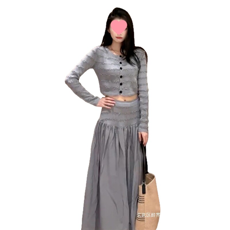 跨境灰色条纹针织套装连衣裙子女5新秋季绝美韩系穿搭一整套长裙|undefined