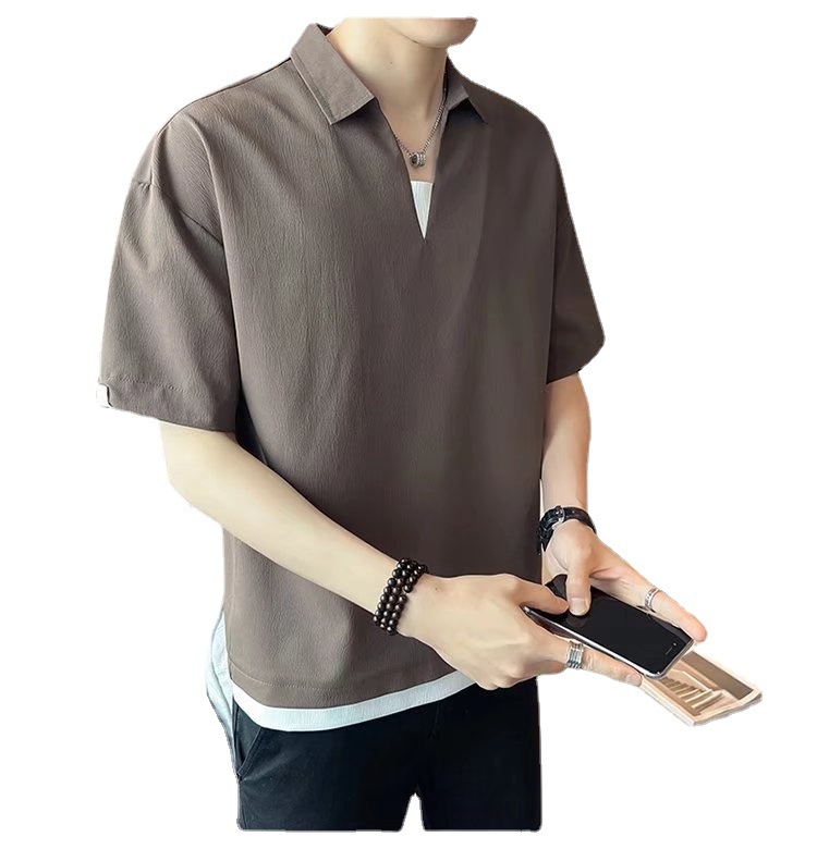 2022 verano Nueva solapa camisa de Polo de manga corta de los hombres de media manga simple suelta de moda delgada de seda de hielo top del todo-fósforo