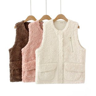 2023 autumn and winter plus size vest imitation rabbit fur embossed women's vest chubby girl vest round neck all-matching 3077