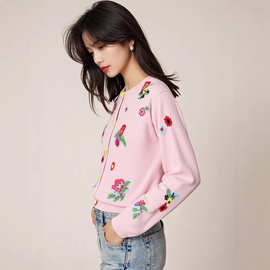 26早春新款金巴胺提花手钩花朵扣长袖羊毛羊绒百搭气质毛衣女上衣