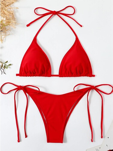 Solid color lace-up back bikini set