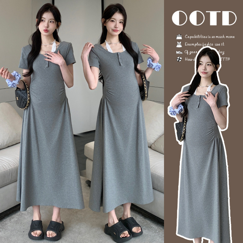 Real Shot of Ready-Made 2025 Summer Slimming Look Lace Suspender Mid-Length Short-Sleeved Maternity Dress