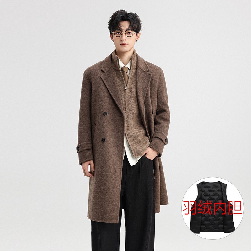 New Autumn and Winter Men's Double-Sided Wool Coat, Mid-Length Double-Breasted down Coat with Removable Inner Lining