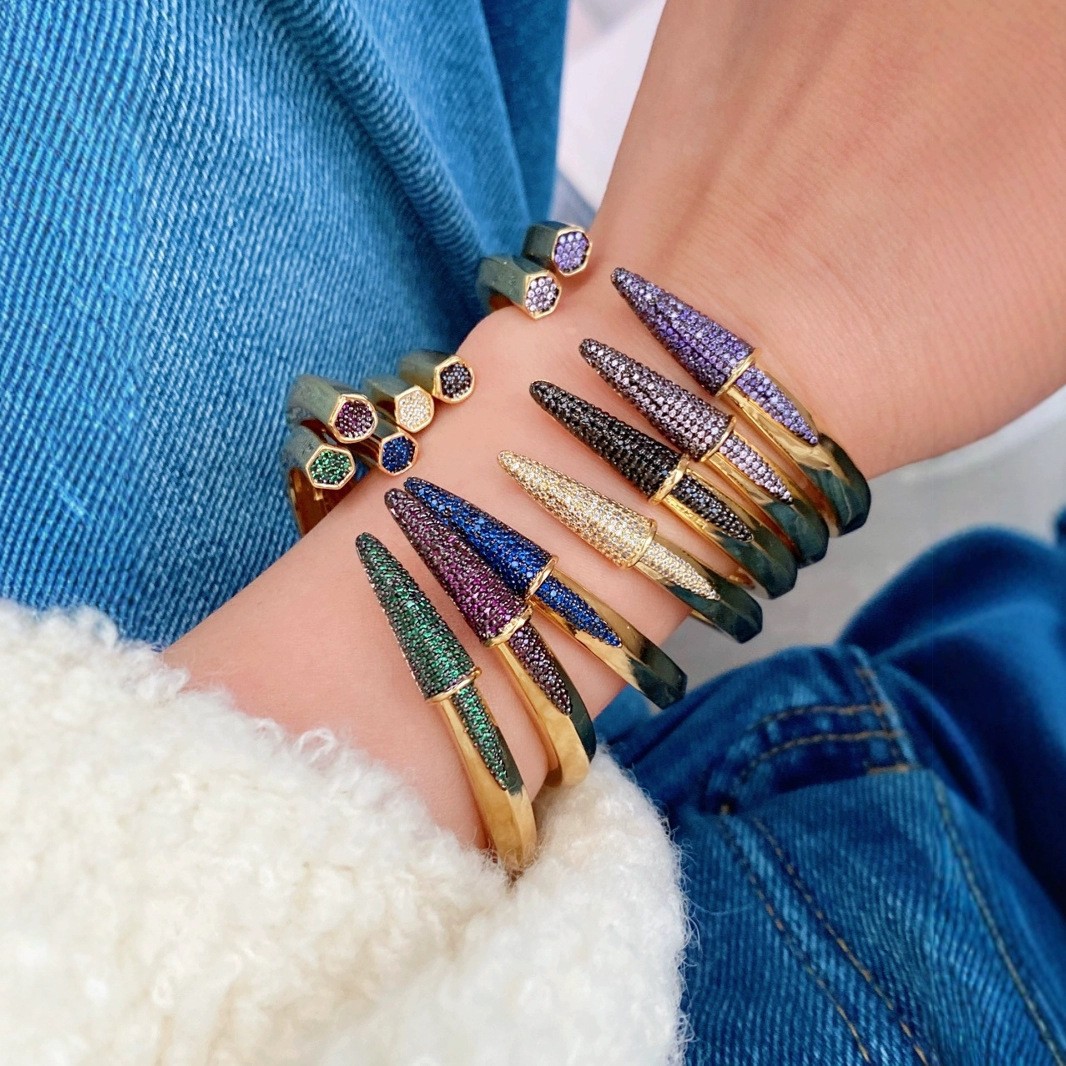Zircon Inlay Material Bangle Classification Wholesale Jewelry IG Style Geometric Copper Zircon 18K Gold Plated Inlay Bangle
