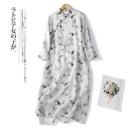 实拍 国风苎麻立领改良旗袍连衣裙女复古斜襟设计感裙子