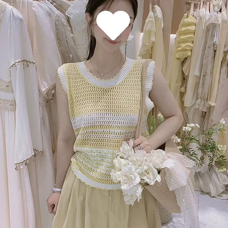 新款多巴胺撞色条纹镂空冰丝针织马甲背心女夏外穿宽松显瘦无袖女