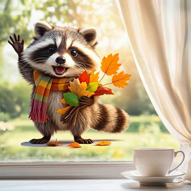 YHQJ054 Creative Raccoon Colorful Scarf Maple Leaf Balcony Glass Window Home Background Beautification Wall Sticker Wholesale YHQJ054 Creative Raccoon Colorful Scarf Maple Leaf Balcony Glass Window Home Background Beautification Wall Sticker Wholesale