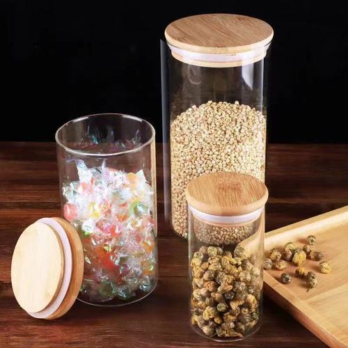 Round food glass sealed jar multigrain tea storage jar bamboo lid kitchen storage high borosilicate glass storage jar