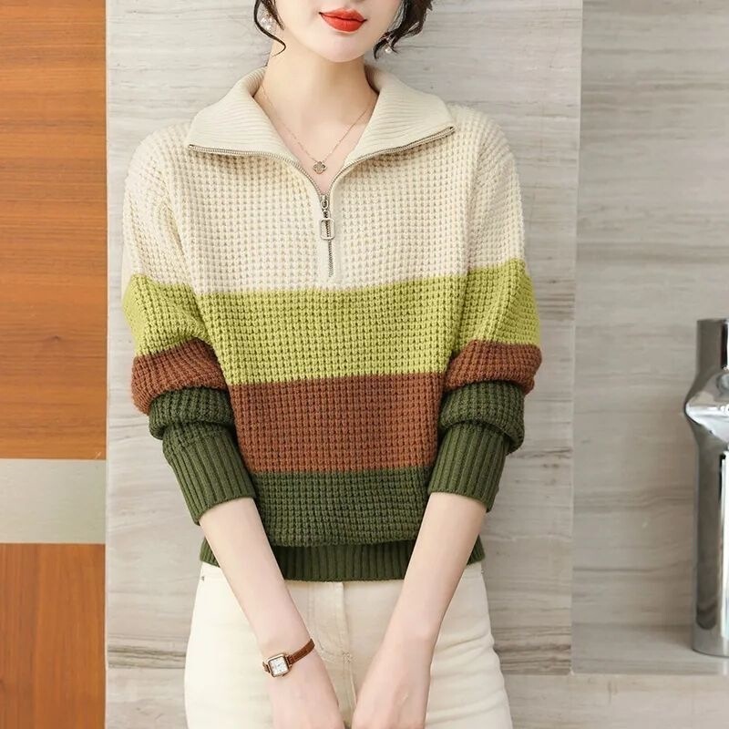 Women's 2026 Spring and Autumn Style Lazy Style Pullover Sweater with Lapel, Half-Zip, Color-Block Stripes, and Knitted Base Layer Women's 2026 Spring and Autumn Style Lazy Style Pullover Sweater with Lapel, Half-Zip, Color-Block Stripes, and Knitted Base Layer