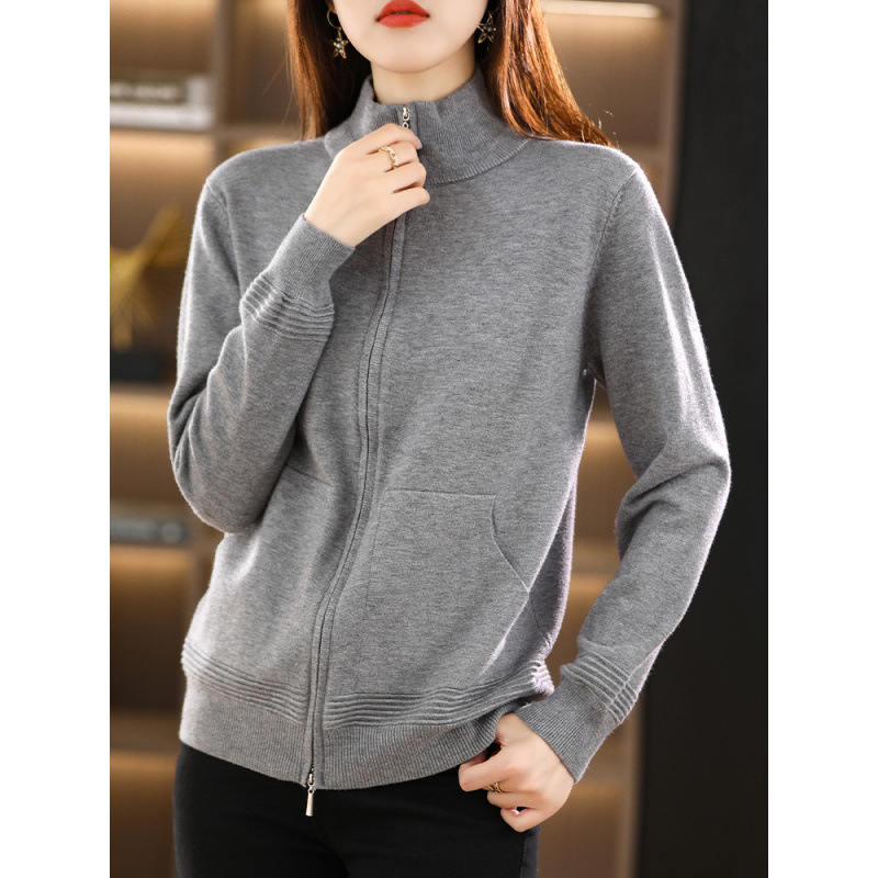 New Vertical Collar Zipper Knitted Cardigan Women's Short Loose Casual Coat Sweater Solid Color Warm Sweater Top Women