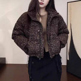 短款棉服女2025年冬季新款美式豹纹小个子加厚棉衣面包服短外套女