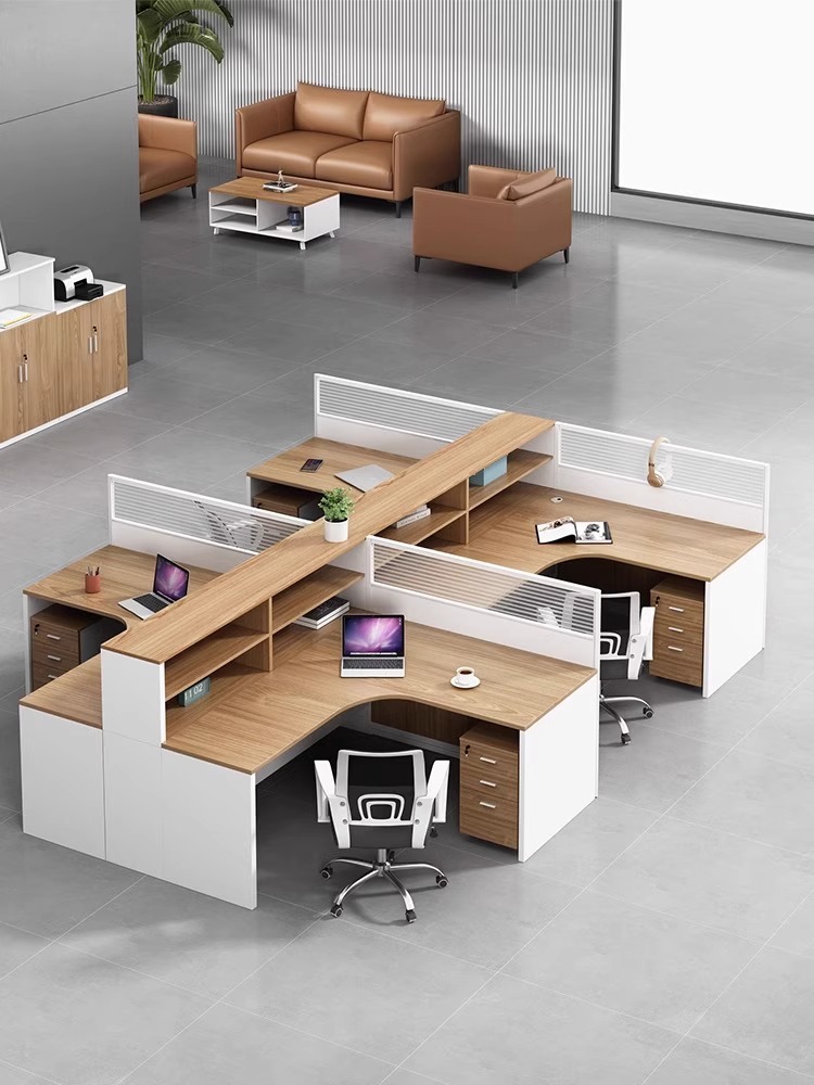 Office desk and chair set for staff, minimalist modern design, 4/6 person workstations with partition screens, suitable for financial employees' office desks