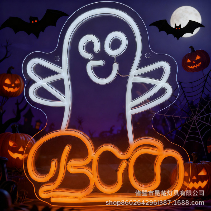 Cross-Border New Back Panel Halloween Waving Ghost Neon Boo Ghost Festival Kidsren's Room Party Decorative Atmosphere Light