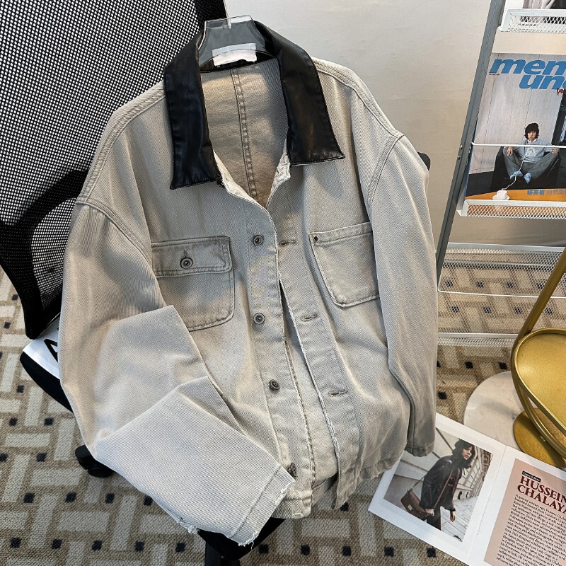美式撞色工装牛仔外套男装秋季新款潮牌复古拼接设计高街翻领夹克|undefined