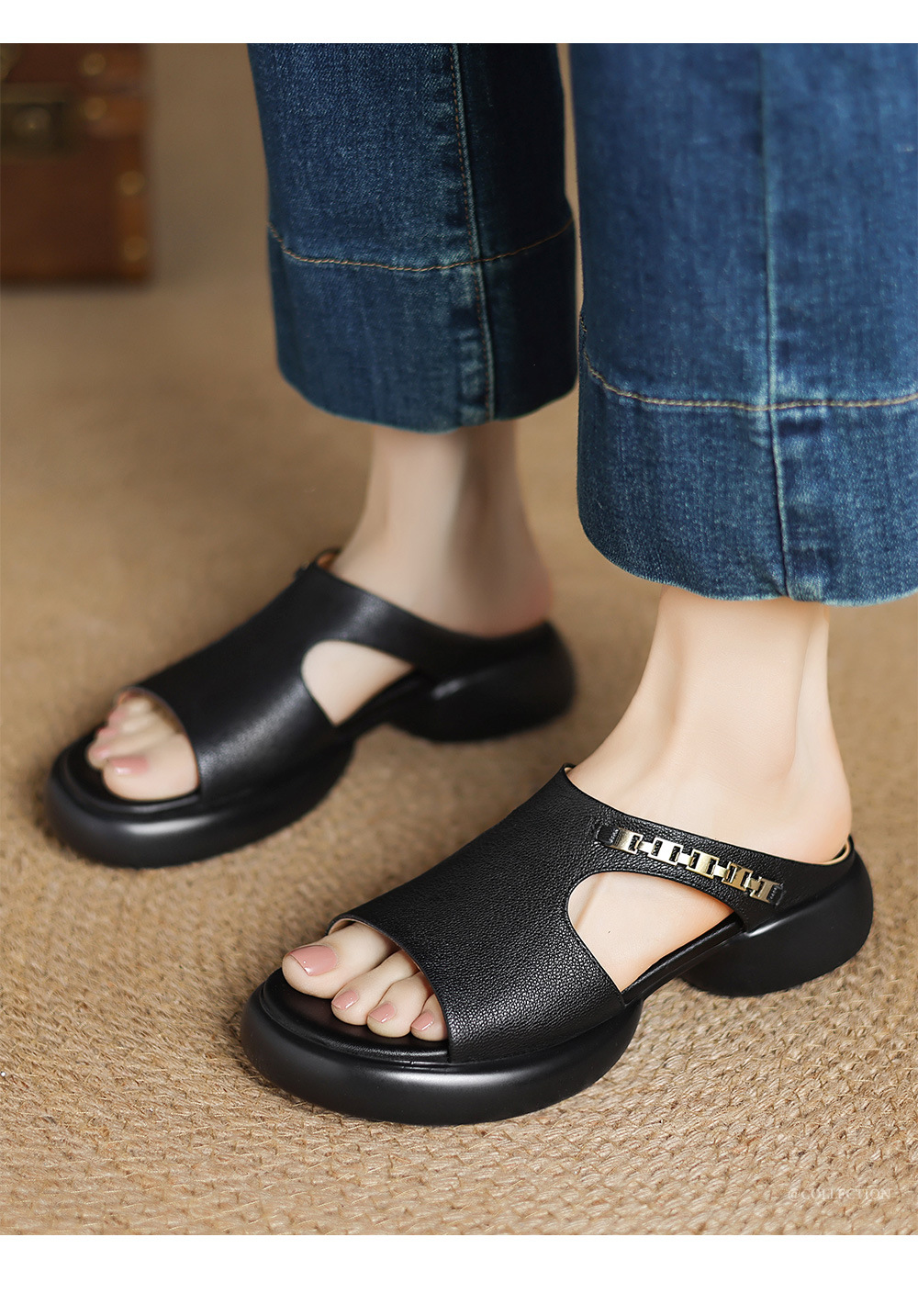 Dép sandal nữ da cừu miệng cá đế dày gót cao nhẹ — đen chi tiết 1