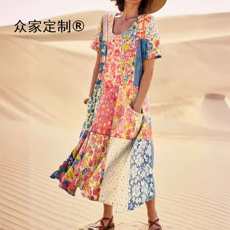 European and American New Arrivals Independent Site Amazon Digital Print A989 Women's Dress with Pockets