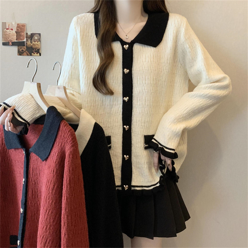 hombro francés pequeño viento fragrante borde de auricular con solapa de color contraste camiseta de punto suéter de mujeres de otoño y invierno temperamento delgado abrigo abdominal