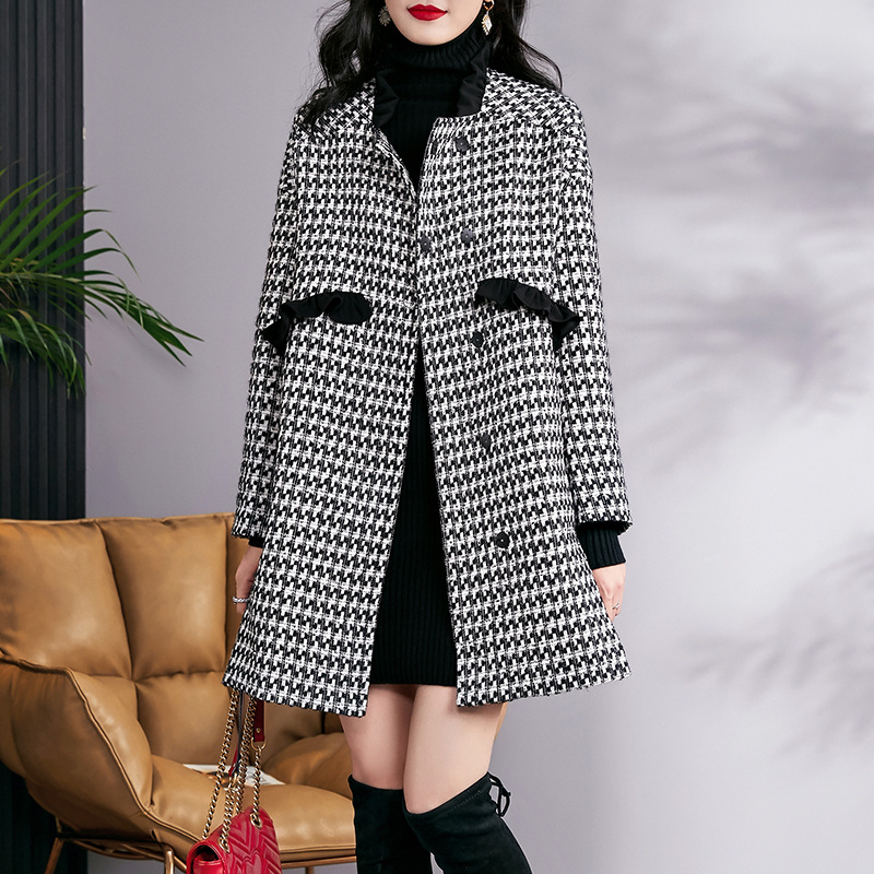 73770 autumn and winter New coat half turtleneck stitching houndstooth loose all-match warm wool woolen coat cocoon-shaped