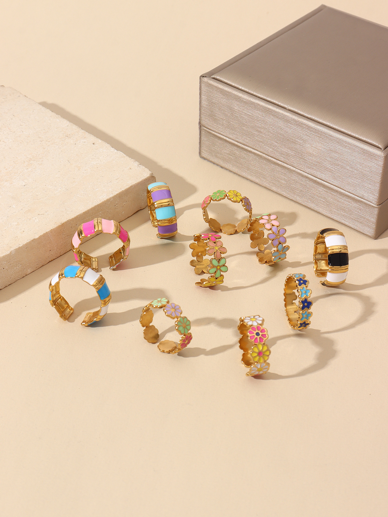 12g Weight Open Rings Classification Adjustable Ring Size 1 Piece Quantity Holiday, Daily Occasion 304 Stainless Steel Material Stripe, Flower Pattern Unisex Gender Enamel Design Retro, Sweet Style Wholesale Jewelry Retro Sweet Stripe Flower 304 Stainless Steel Enamel Open Rings 2
